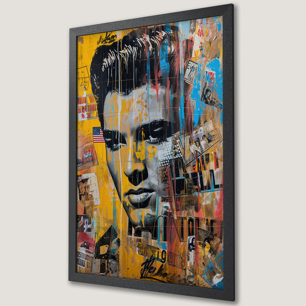Framed Poster featuring Elvis Presley in a vibrant, abstract style with a yellow, blue, and black color palette. Perfect wall art for music lovers!