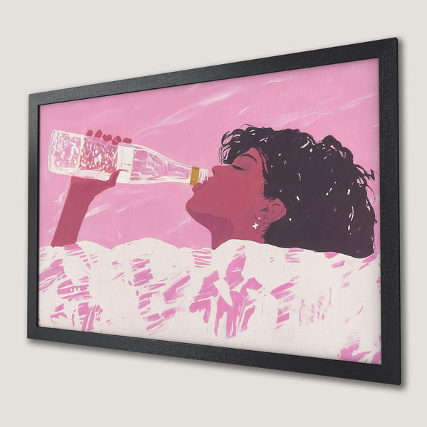 Framed Poster: Woman drinking, pop art style, pink and white color palette. Perfect wall art for your home.