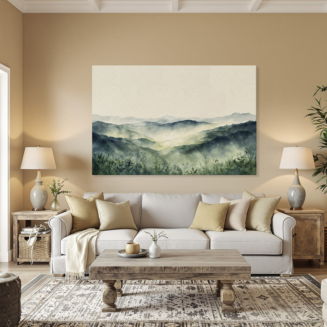 Framed Wall Art: Watercolor mountain landscape in green and blue hues. Perfect for adding a touch of nature to your home decor.