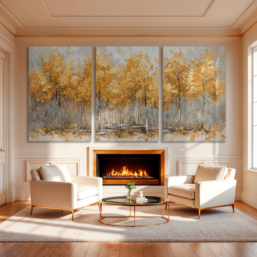 Canvas Print of golden autumn trees in a serene interior. Modern abstract art with gold, gray, and white color palette. Perfect for living room decor.