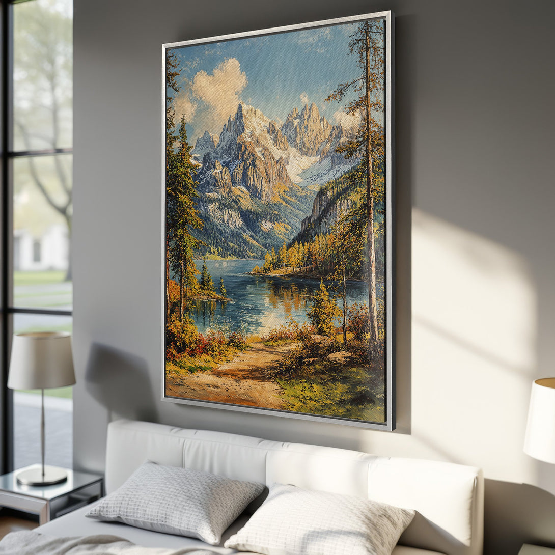 Framed Wall Art: Majestic mountain landscape canvas print in a vintage style. Features a serene lake scene with a warm, autumnal color palette. Perfect for home decor.
