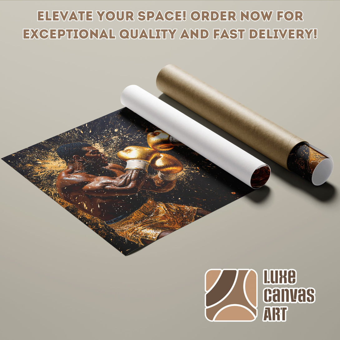 Poster Roll featuring a boxer in gold and black, artistic style, ready to elevate your space!