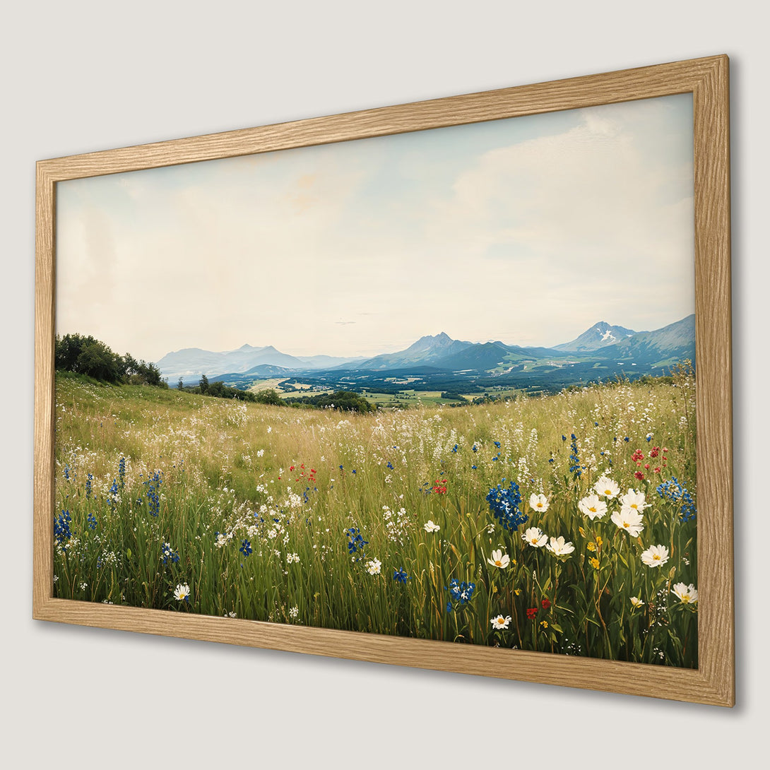 Framed Poster of a serene landscape with wildflowers, mountains, and a soft, natural color palette. Perfect wall art for any space!