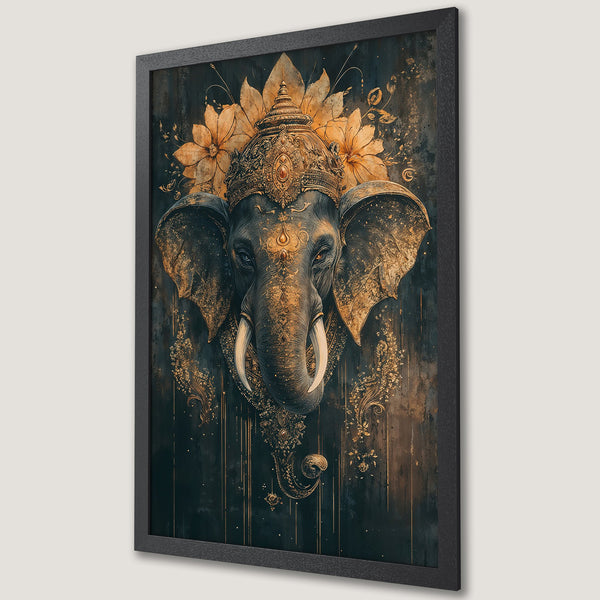 Framed Poster featuring a detailed elephant illustration in a dark, gold, and teal color palette. Perfect for adding art to your home!