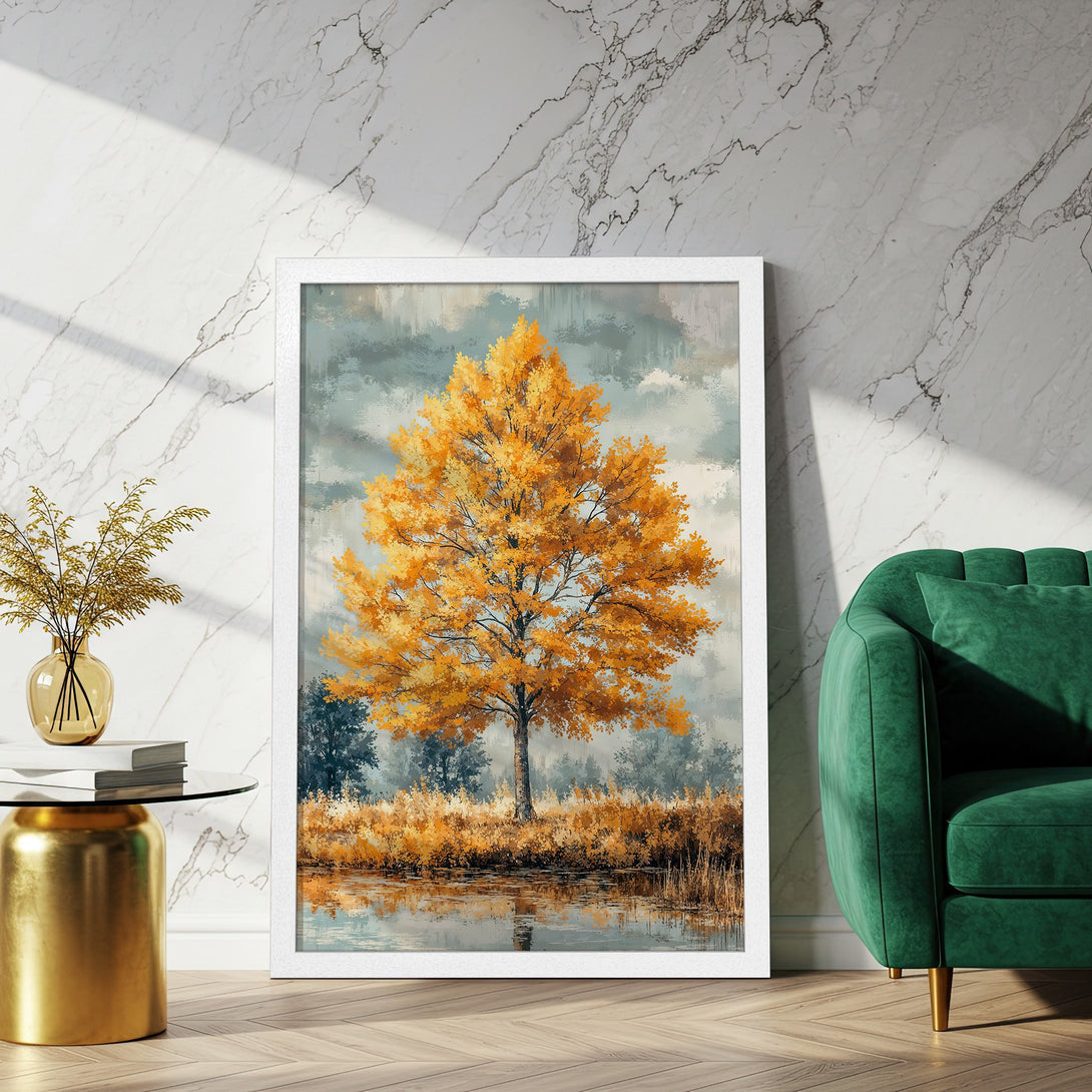 Framed Poster of a vibrant autumn tree painting, featuring warm yellow and cool blue tones, perfect for adding a touch of nature to your home decor.