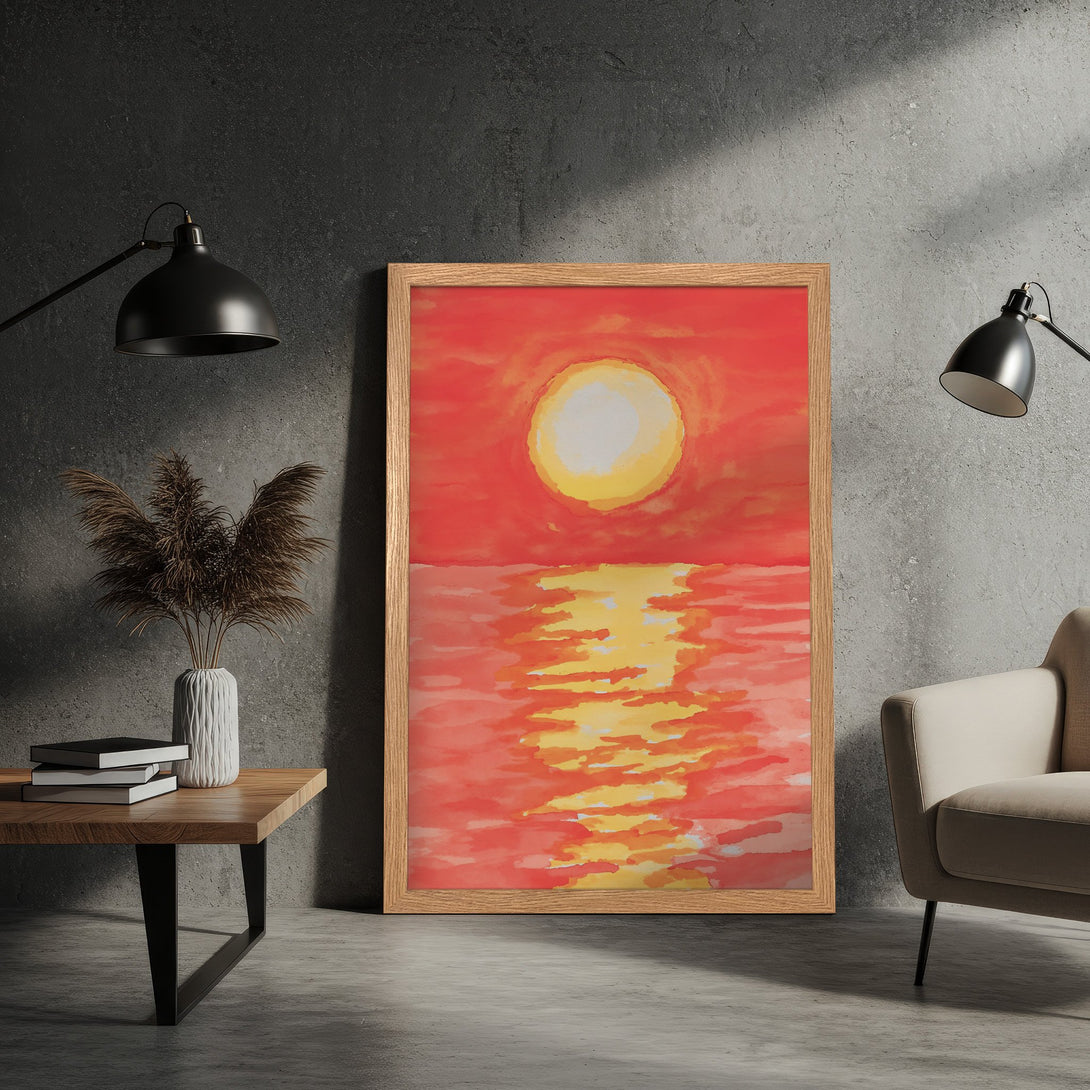 Framed Poster featuring a sunset watercolor painting in warm red and yellow tones. Perfect wall art for a cozy space.