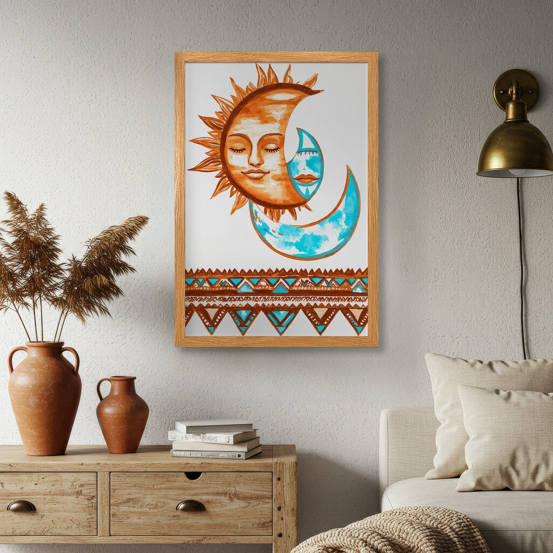 Framed Poster featuring a sun and moon design in warm orange, blue, and brown tones. Bohemian style art print for your home decor.