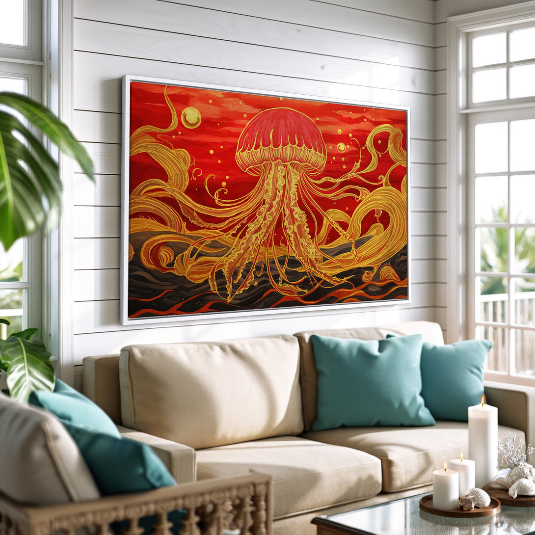Framed Wall Art featuring a vibrant jellyfish illustration in red and gold. Adds a touch of coastal elegance to any space. Shop now!