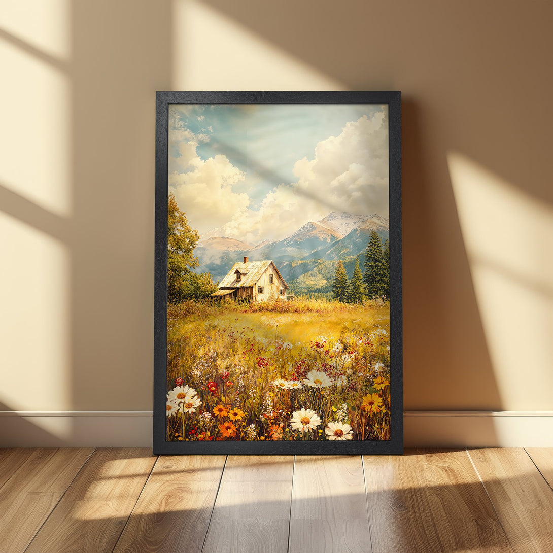 Framed Poster featuring a serene landscape with a cabin, mountains, and wildflowers. Warm, inviting color palette. Perfect wall art!