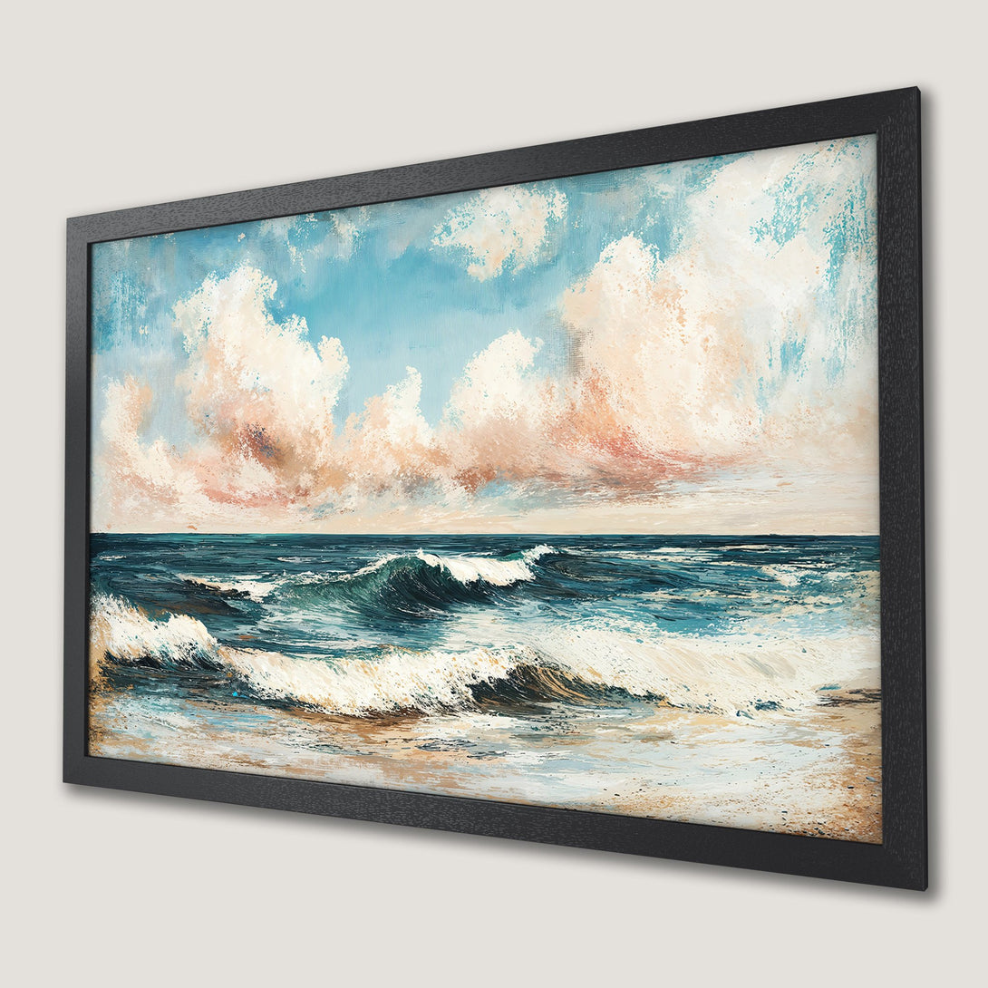Framed Poster of ocean waves, impressionist style, blue, white, and peach color palette. Coastal wall art.