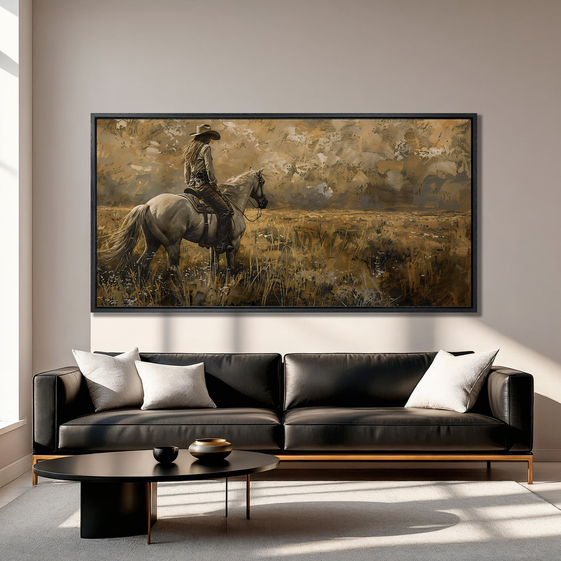 Framed Wall Art featuring a cowgirl on horseback in sepia tones. Rustic, elegant decor for your home. Canvas Print ready to hang!