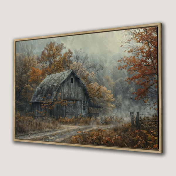 Framed Wall Art: Rustic barn landscape in autumn colors. Warm, earthy tones create a cozy, vintage aesthetic. Perfect for adding a touch of nature to your space.