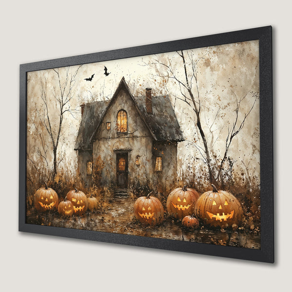 Framed Poster featuring a spooky Halloween house and pumpkins, painted in an artistic style with a warm, autumnal color palette.