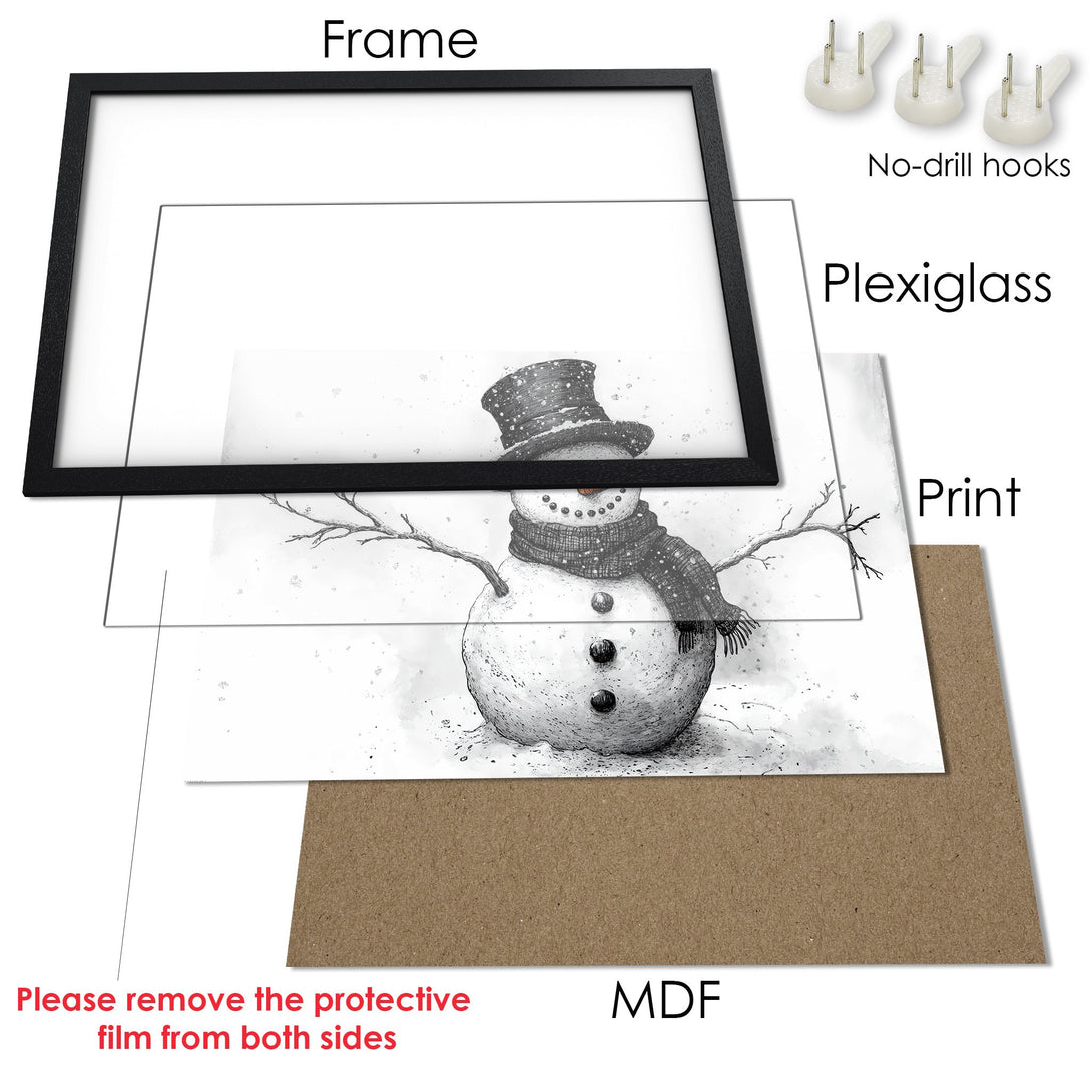 Framed Poster featuring a watercolor snowman in a black and white palette. Perfect winter decor!