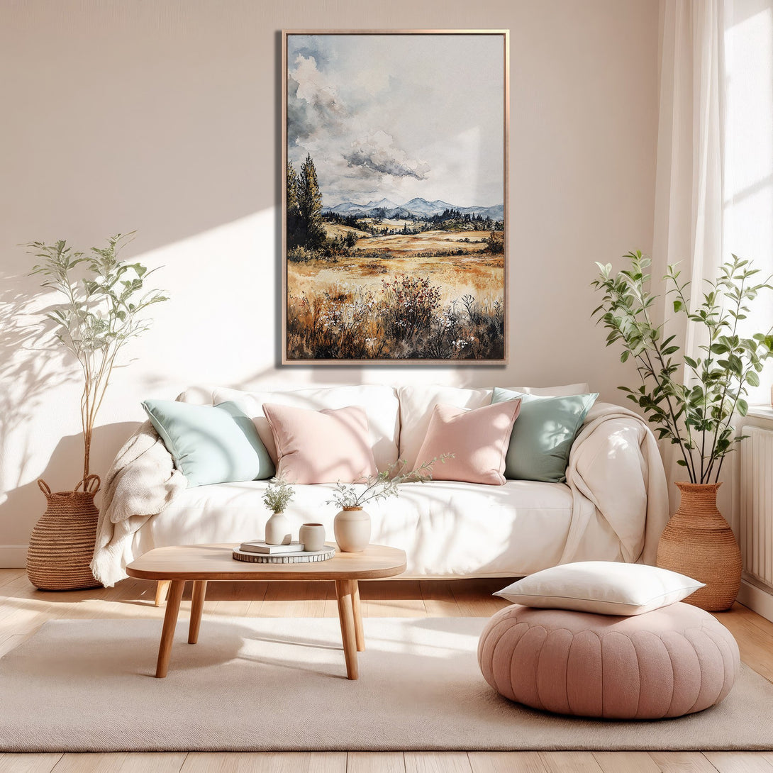 Framed Wall Art: Watercolor landscape Canvas Print in neutral tones, perfect for adding a touch of nature and serenity to your living room.