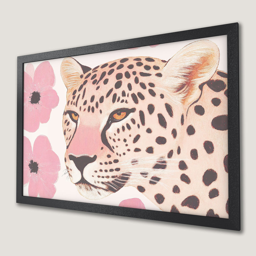 Framed Poster featuring a watercolor leopard with pink flowers. Soft, pastel color palette. Modern wall art.