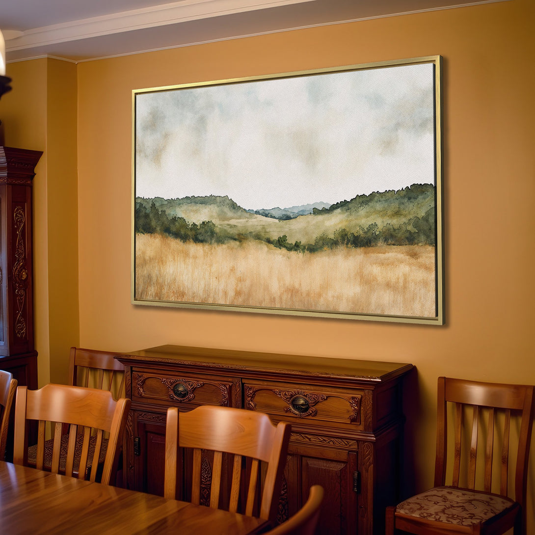 Canvas Print of a serene landscape painting in warm, earthy tones. Perfect for adding a touch of nature and tranquility to your living room.