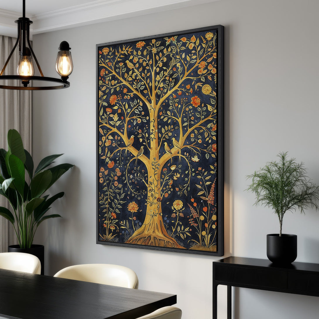 Framed Wall Art: Elegant tree of life canvas print in gold, orange, and navy. Perfect for adding a touch of sophistication to your home decor.