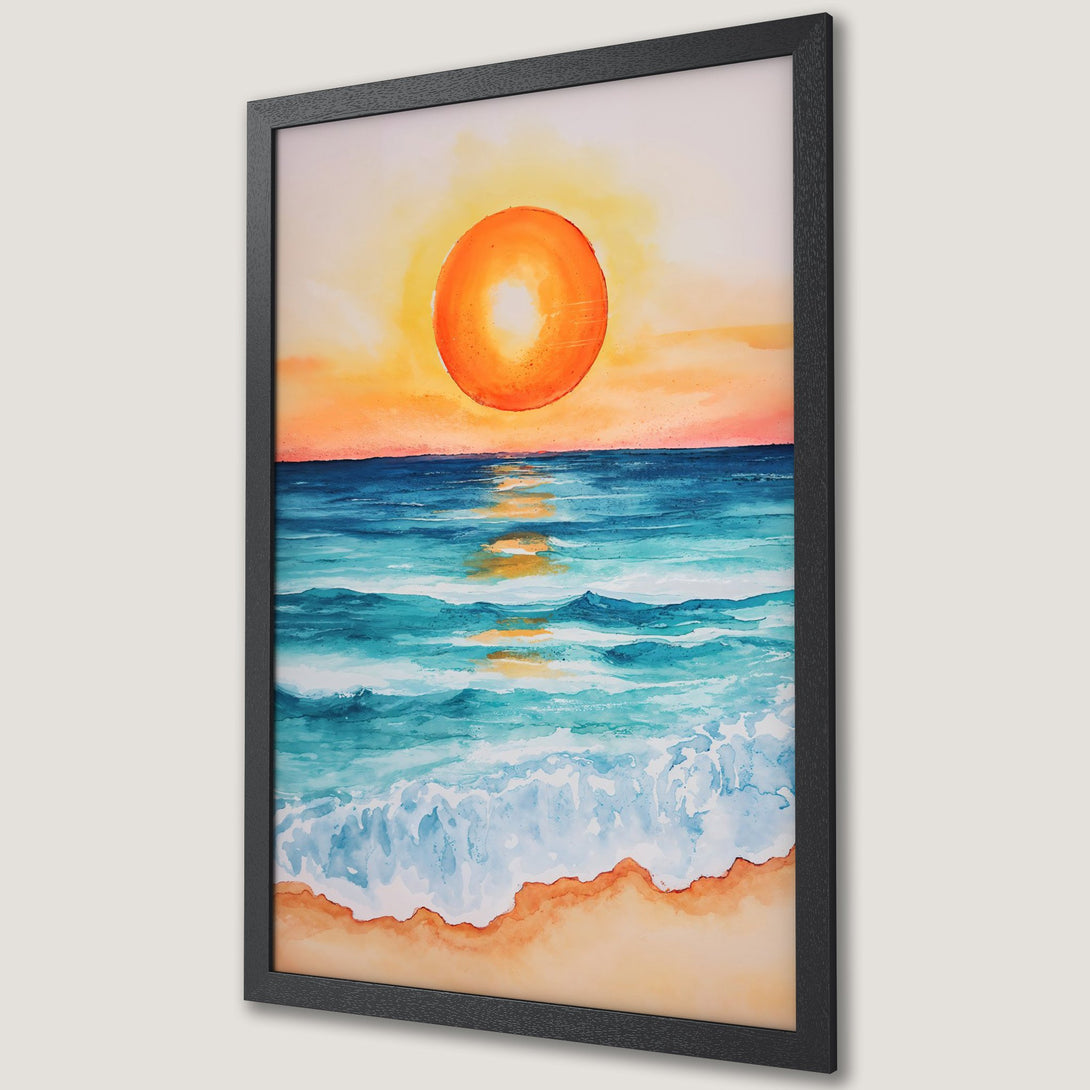 Framed Poster of a watercolor sunset over the ocean. Featuring a vibrant orange, blue, and yellow color palette. Perfect coastal wall art.