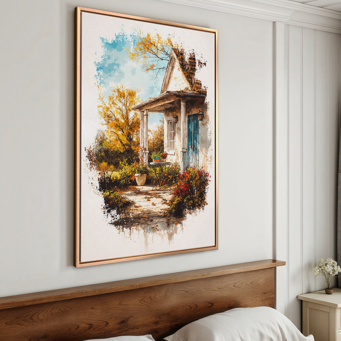 Framed Wall Art: Impressionist painting of a charming cottage in autumn colors. Warm yellows, blues, and browns create a cozy, inviting atmosphere for your home.