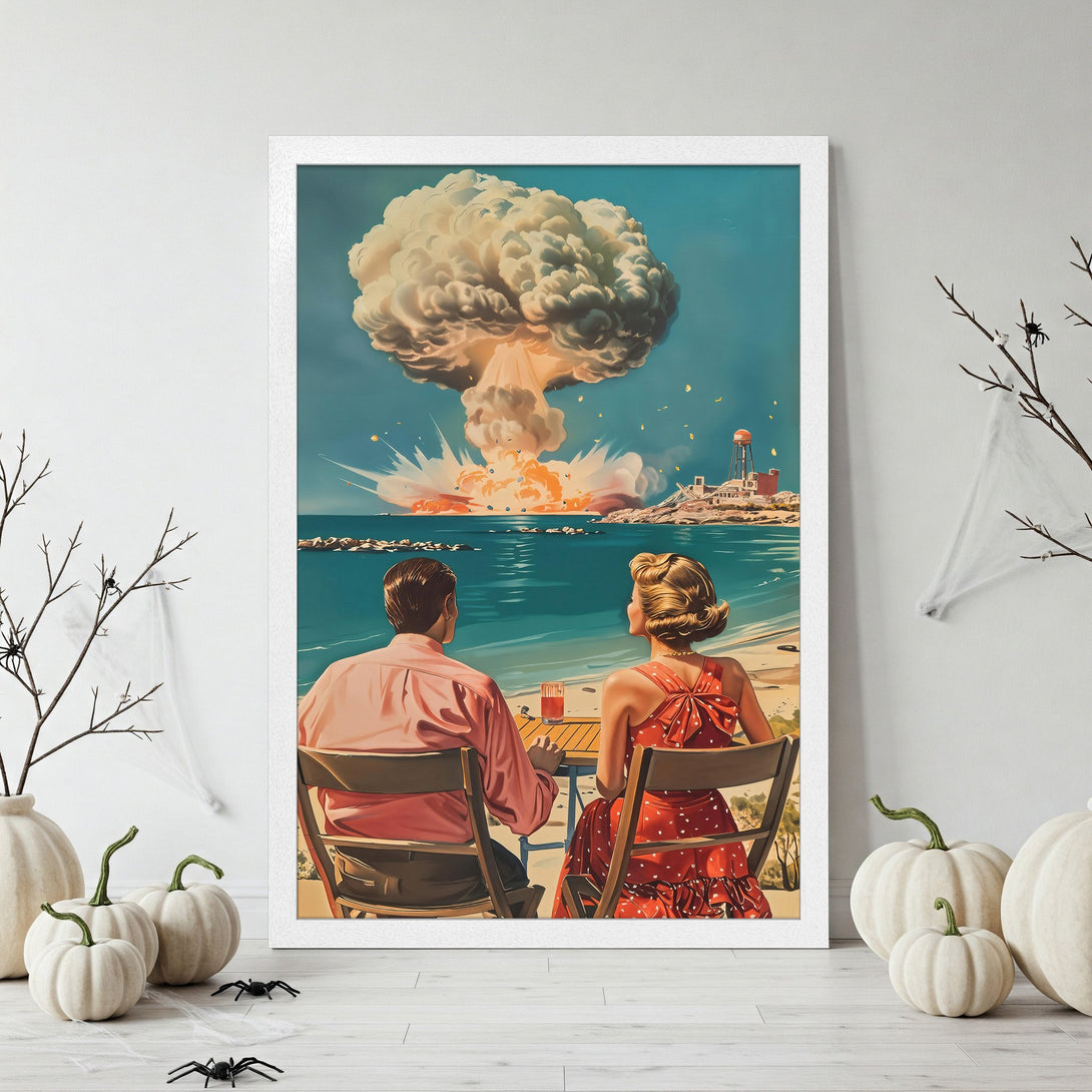 Framed Poster featuring a retro couple watching a nuclear explosion. Vintage style with a blue, red, and beige color palette. Perfect wall art!