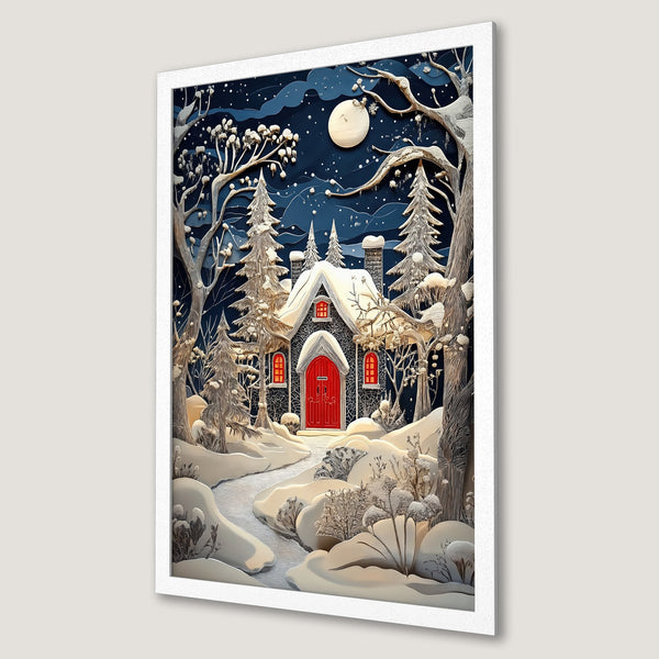 Framed Poster of a winter scene with a cabin, featuring a snowy landscape, dark blue sky, and a warm color palette.