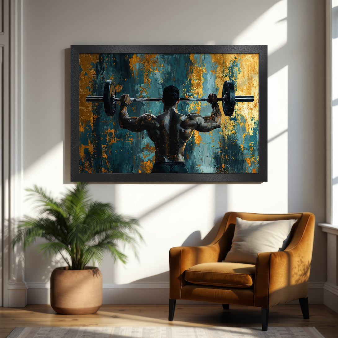 Framed Poster featuring a weightlifter, abstract style, with teal and gold color palette. Perfect for gym decor!