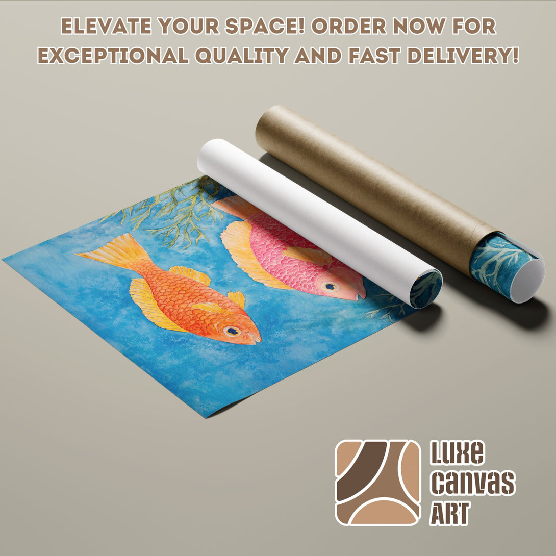 Watercolor fish Poster Roll art, blue & orange palette. Elevate your space with Luxe Canvas Art!