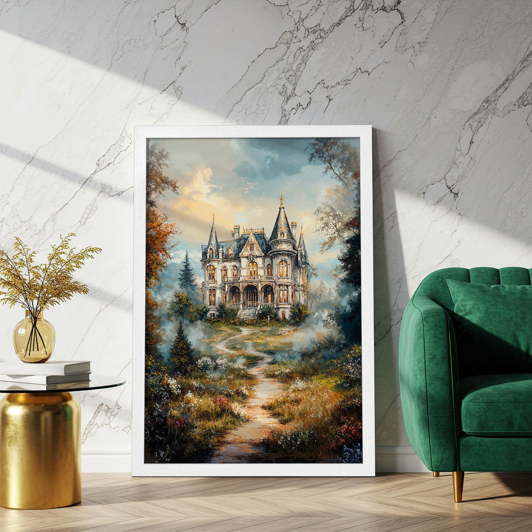 Framed Poster featuring a stunning Victorian mansion painting in a soft, impressionistic style. Warm, earthy tones create a cozy, inviting atmosphere.