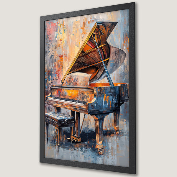 Framed Poster of a grand piano in an expressive, abstract style with a warm, muted color palette. Perfect wall art!