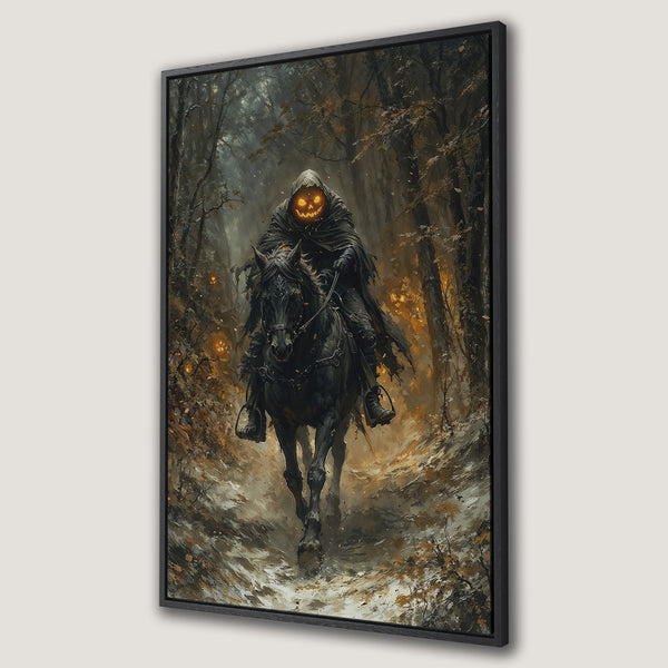 Framed Wall Art: Spooky Halloween scene of a headless horseman riding through a dark forest. Warm, earthy tones with a touch of orange. Perfect for fall decor.