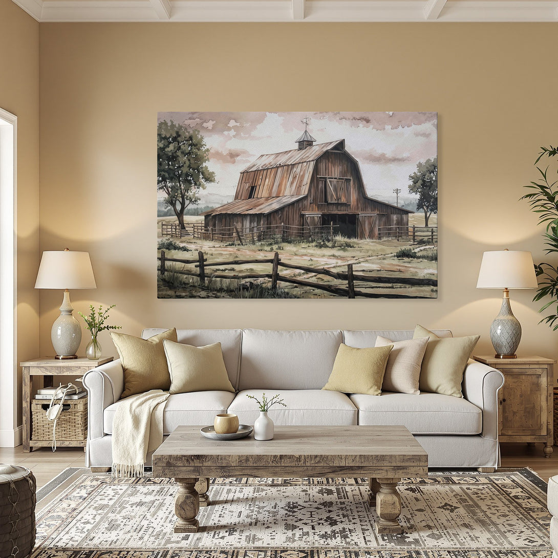 Framed Wall Art featuring a rustic barn watercolor painting in a warm, neutral color palette. Perfect for farmhouse decor!