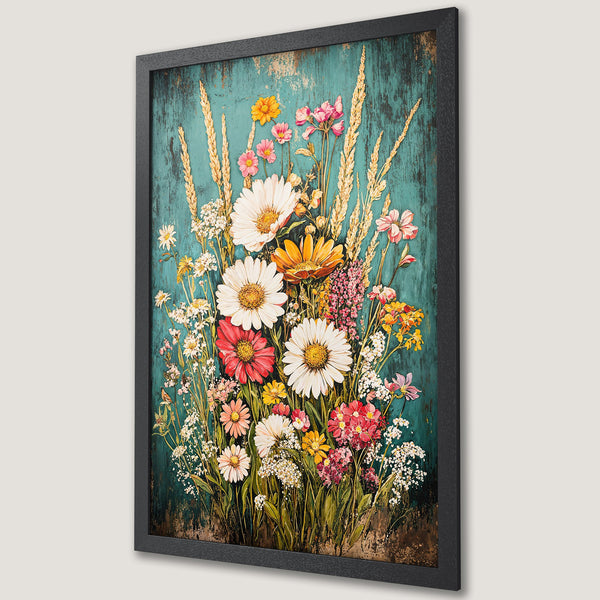 Framed Poster featuring vibrant floral art with a teal and earth-tone color palette. Perfect for adding a touch of nature-inspired beauty to your space!