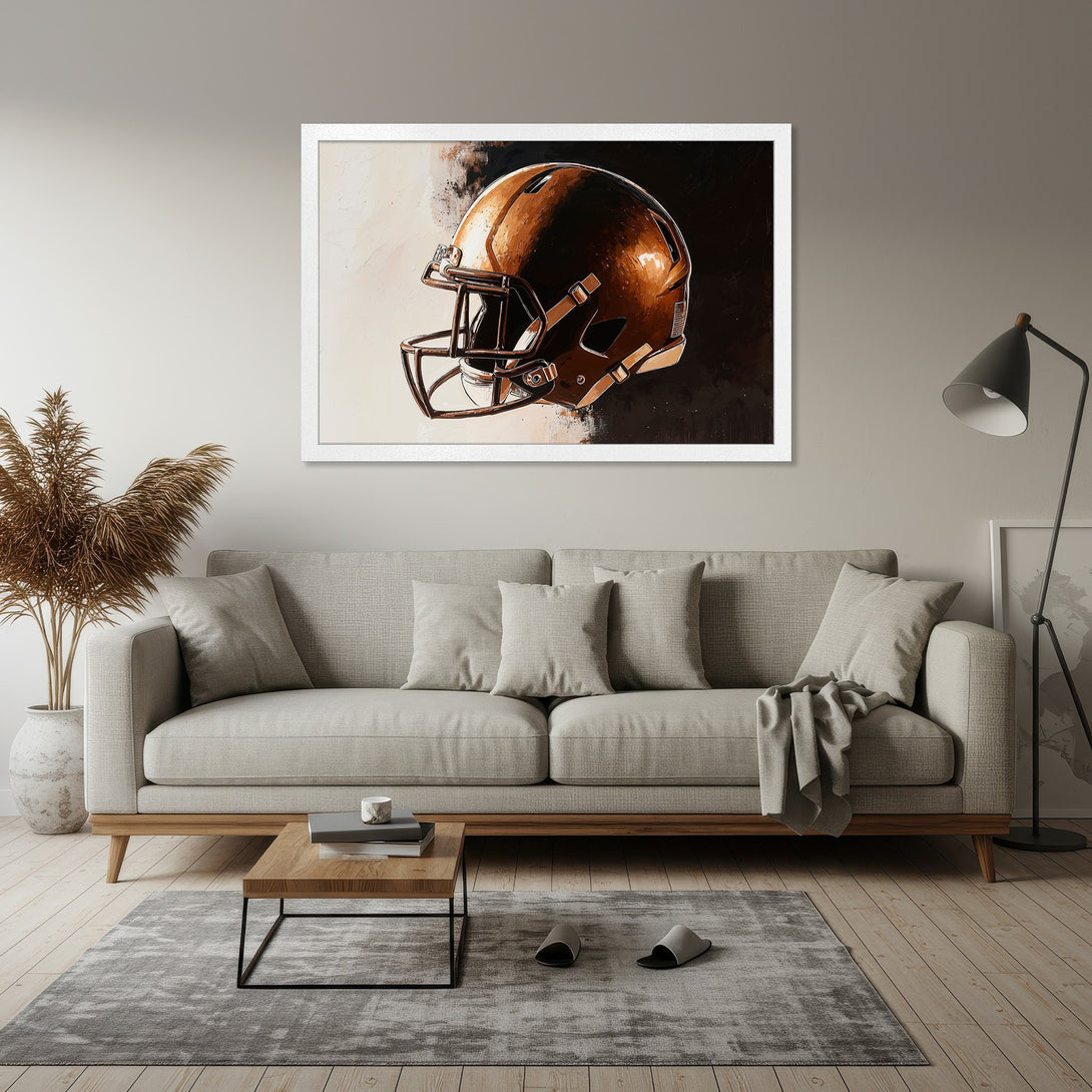 Framed Poster featuring a football helmet in a modern, abstract style with a brown and neutral color palette. Perfect wall art!