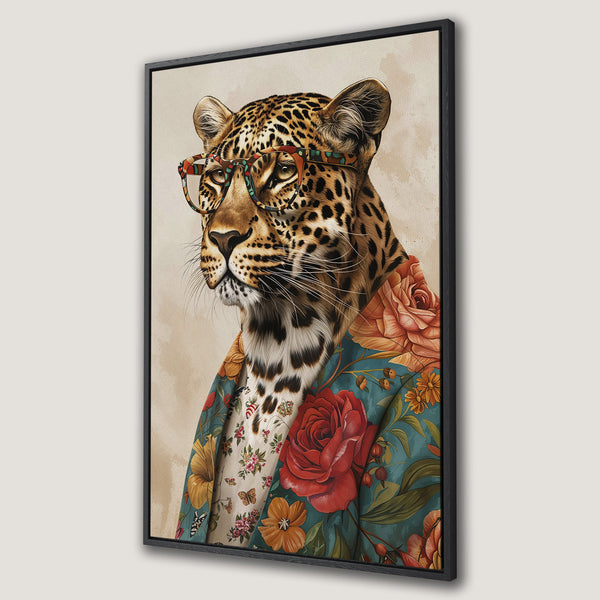 Framed Wall Art featuring a dapper leopard wearing glasses & floral jacket. Earthy tones with pops of teal, orange, & red. Unique & stylish wall decor.