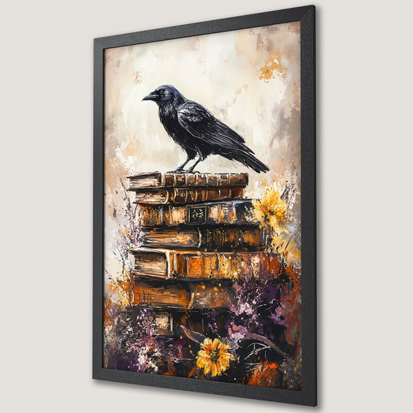 Framed Poster featuring a black raven on books, abstract art style, warm color palette with orange, yellow, and purple hues.