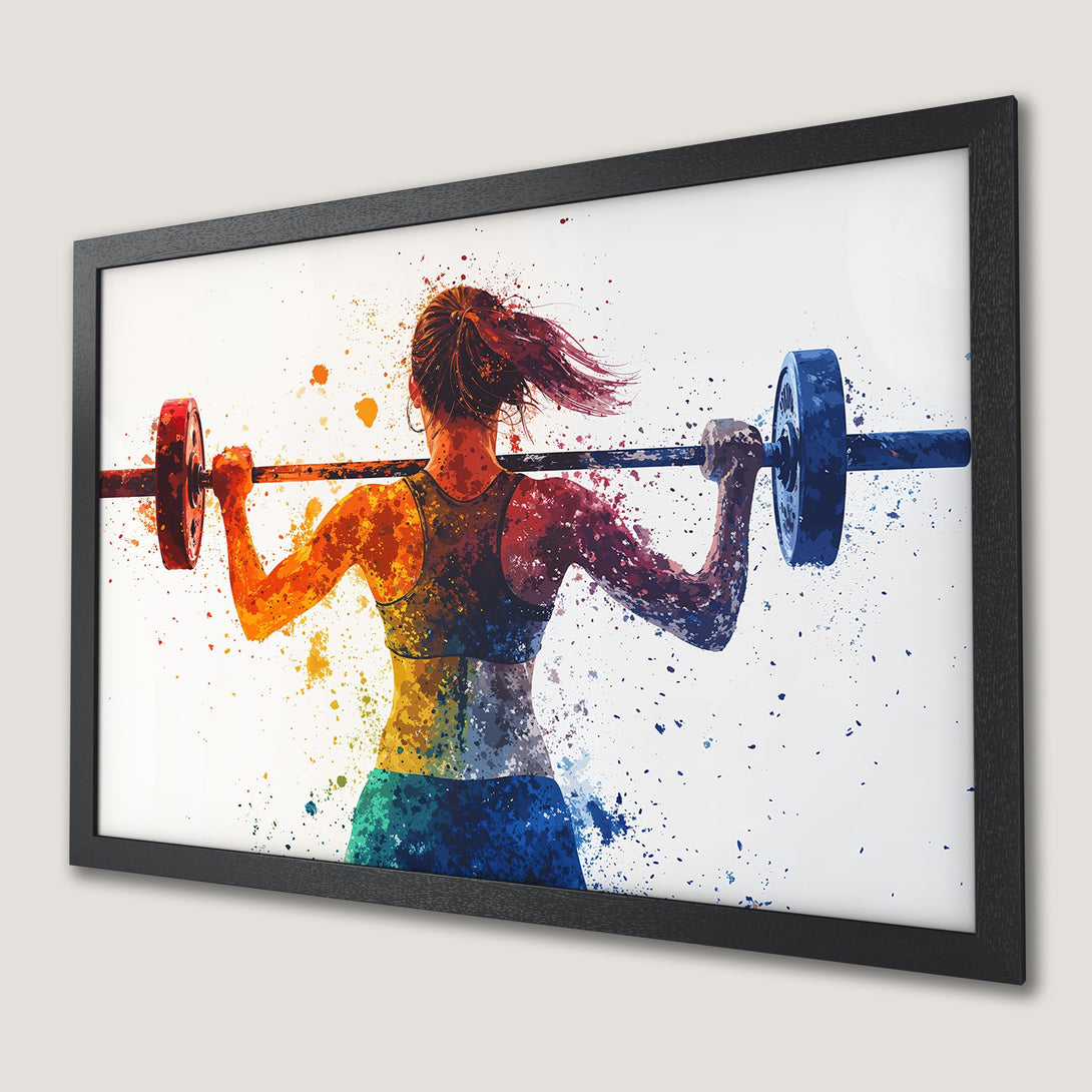 Framed Poster of a weightlifter in watercolor style, vibrant rainbow colors. Perfect for gym decor!