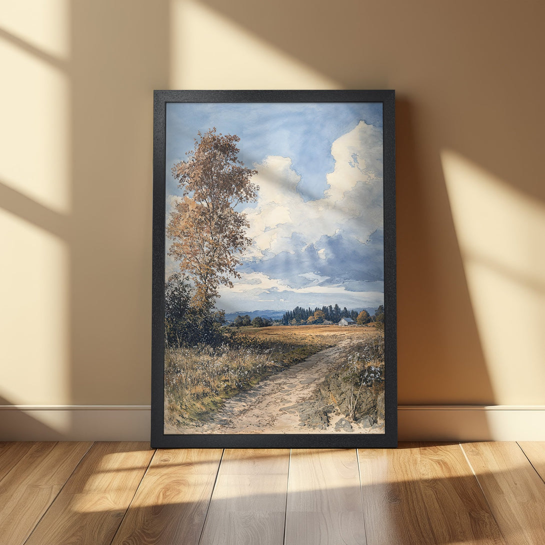 Framed Poster of a serene landscape painting. Features a dirt road, trees, and a cloudy sky in a warm, earthy color palette.