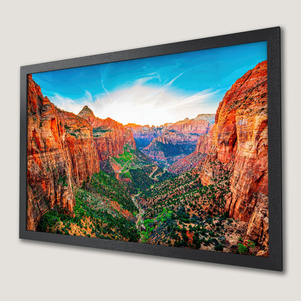 Framed Poster of a stunning canyon landscape with vibrant red and green hues, perfect wall art.