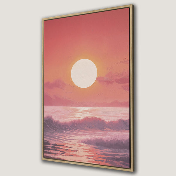 Framed Wall Art Canvas Print of a sunset over the ocean. Romantic, impressionistic style with a warm pink and orange color palette. Perfect for home decor.