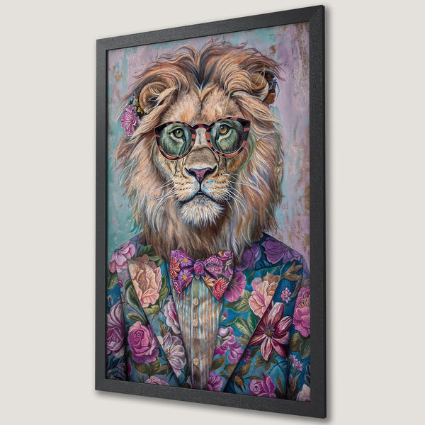 Framed Poster featuring a dapper lion in floral suit, colorful palette. Perfect wall art for a stylish home.