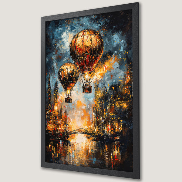Framed Poster featuring hot air balloons over a city at night, in an impressionistic style with a warm, vibrant color palette.