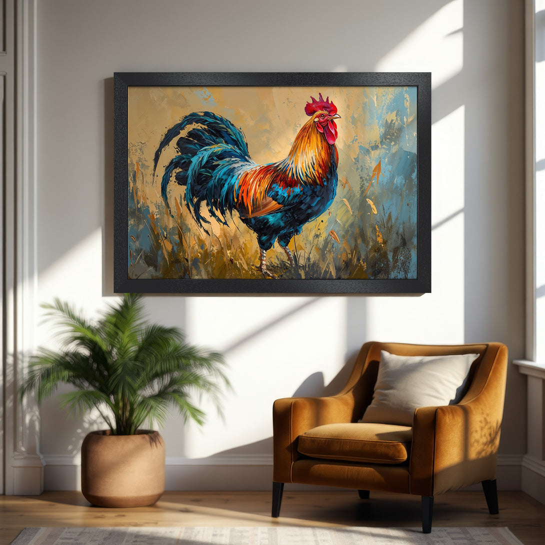 Framed Poster of a vibrant rooster in an impressionist style, featuring a warm color palette. Perfect wall art!