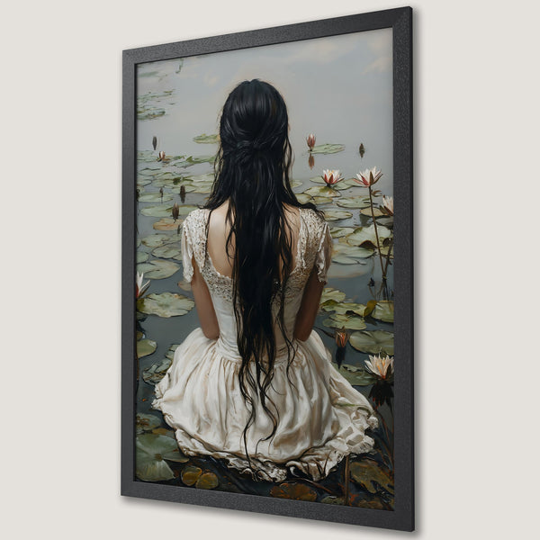 Framed Poster featuring a woman with long black hair and orange flowers, Art Nouveau style, warm color palette. Perfect wall art.