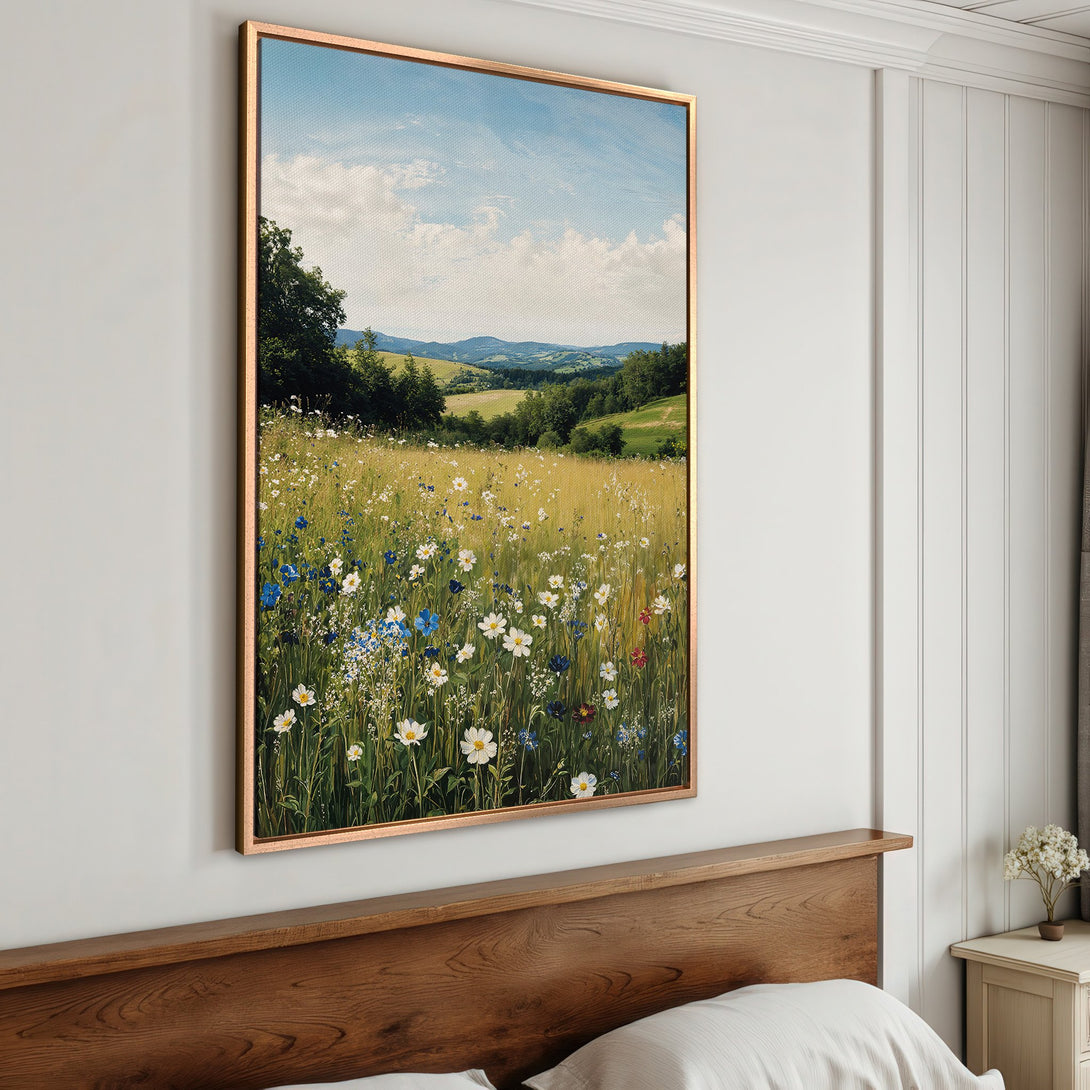 Framed Wall Art featuring a serene landscape painting with wildflowers, in a warm, natural color palette. Perfect for adding a touch of nature to your home decor.