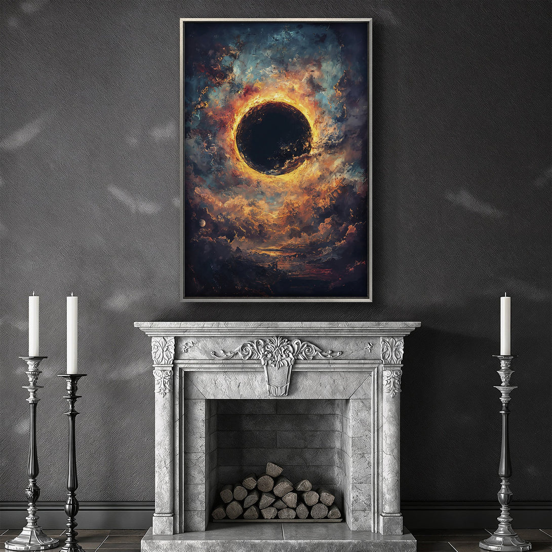 Framed Wall Art featuring an abstract celestial scene in a dramatic, warm color palette of blues, oranges, and blacks. Perfect for adding a touch of mystery.