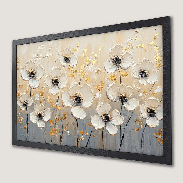 Framed Poster featuring white floral art with gold accents, on a neutral color palette. Perfect wall decor!