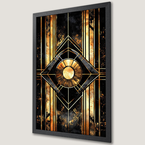 Framed Poster featuring Art Deco design in black and gold. Modern wall art, perfect for home decor.