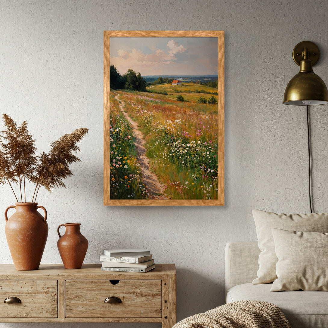 Framed Poster featuring a serene landscape painting in a warm, natural color palette. Perfect wall art for a cozy home.