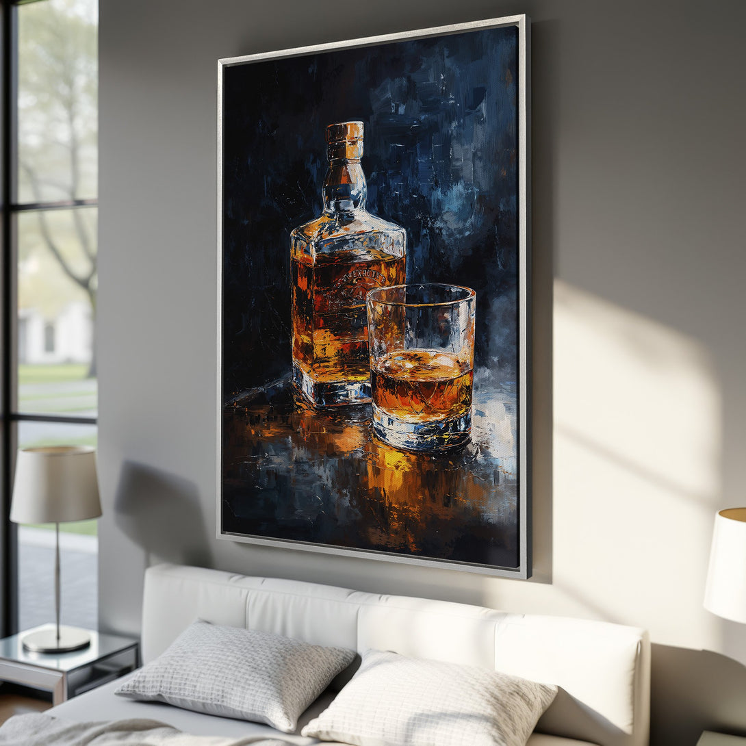 Framed Wall Art: Abstract painting of whiskey bottle & glass in a modern interior. Dark blue & amber color palette. Perfect for home decor.